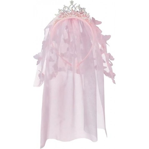 Στέμμα τιάρα μεταλλική με κρύσταλλα και πέρλες και ροζ βέλο με πεταλούδες 81484 Αποκριάτικα 